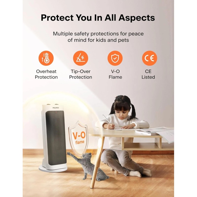Pelonis Portable Space Heater with 70° Oscillation & Thermostat, Quiet