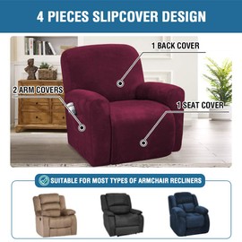 H.VERSAILTEX Velvet Stretch Recliner Couch Covers 4-Pieces Style Recliner Chair Covers Recliner Cover for Reclining Chair Slipcovers Feature Non Slip Form Fitted Thick Soft Washable, Burgundy