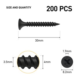 BOUMVID Drywall Screws M3.5 x 30 mm, Pack of 200 Drywall Screws Black Coarse Thread Wood Drywall Screws, Plasterboard Drywall Screws, Plasterboard Screw Drywall Screws