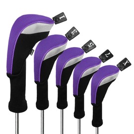 Andux 5pcs/Set Golf 460cc Driver Wood Head Covers with Long Neck and Replaceable No. Tags Purple