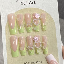 IMRAIN Green Press on Nails Long Square Fake Nails French Tips Flower False Nails Pearl Butterfly Glossy Glue on Nails Full Cover Handmade Reusable Acrylic Squoval Nails for Women 24Pcs