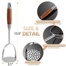 Potato Masher Stainless Steel, Manual Mashed Potato Masher,Wooden handle Potatoes Smasher Kitchen Tool for Avocado,Potatoes, Vegetables, 13.5Inch Long handle Large Heavy Duty Metal Mashing Utensil