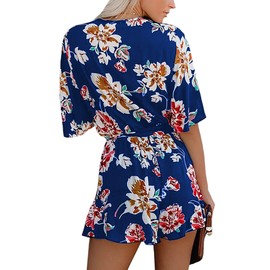 Relipop - Mameluco de verano para mujer, estampado floral, cuello en V, acampanado, media manga, elástico, con lazo en la cintura, con volantes, overoles casuales, Azul/claro, Small
