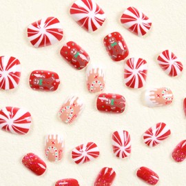 Red Christmas Press on Nails Short Square Fake Nails Gingerbread Man with Candy Glitter Design Xmas False Nails Acrylic Artificial Glue on Nails Full Cover Stick on Nails for Women Manicure Art 24Pcs
