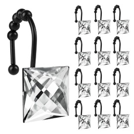 Sunlit Luxury Design Square Clear Diamond Crystal Gem Bling with Glide Balls Shower Curtain Hooks, Rust Proof Metal Rhinestones Glam Shower Curtain Rings with Black Hooks, Set of 12