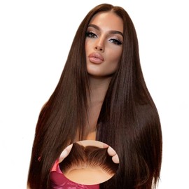 KEUET Brown Wear And Go Glueless Wigs Human Hair Pre Plucked Pre Cut 28 inch 9x6 Chocolate Brown Glueless Wig Human Hair Bleached Knots #4 Dark Brown Lace Closure Wigs 200 Density for Women