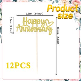 12Pcs Happy Anniversary Cupcake Toppers,Glitter Gold Wedding Anniversary Cupcake Toppers,for Party Celebration Wedding Anniversary