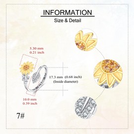 HUKKUN Sunflower Ring Sterling Silver Adjustable Sunflower Spinner Open Ring Fidget Anxiety Relieve Jewelry Gifts for Women