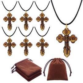 Kigeli 6 Set Olive Orthodox Cross Necklace Gifts Wood Eastern Orthodox Pendant with Christogram Pendants Wax Cord Necklace Velvet Pouch for Baptism Favors Catholic Gift Men Women