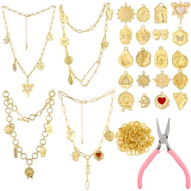 Tondiamo 45 Pcs Gold Necklace Making Kit 20 Charms with Jump Rings 4 Pcs Different Design Necklace Chains and Making Tools for Women Jewelry Making Crafts DIY Necklace Craft Supplies Beginner