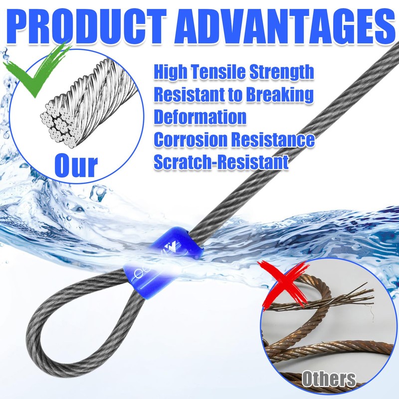 VIVBOO 1/4in Security Cable with Loops Cut-Resistant and Waterproof
