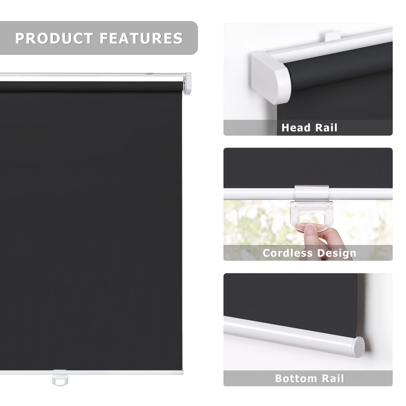LazBlinds No Tools No Drill Cordless Roller Shades, 100% Blackout