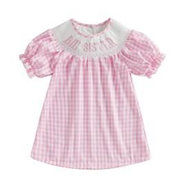 Toddler Girls Smocked Big Sister Dress Short Sleeve Plaid Letter Embroidery Bubble A-line Pink Bishop Dresses (Pink, 4-5 Years)