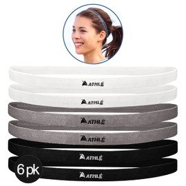 Athlé Skinny Headbands for Women and Men - 6 Pack - Elastic Headbands for Women and Men - Non Slip Silicone Grip - Lightweight and Comfortable Thin Headbands - Black, Grey, White
