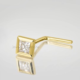 Solid 14Kt Gold Bezel Set princess Cut Moissanite Nose Stud - 22G L-Shape Stud - L-Bend Nose Ring - April Birthstone Nose Ring Stud, Metal, moissanite
