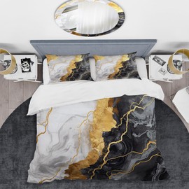 DesignQ Abstract Marble Bedding Cover Set - Abstract Gold Modern Bed Set with 2 Bedding Shams for Home Bedroom - Granite with Topaz Agate in Gold and Green II Bedding Set - Twin