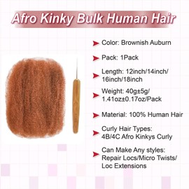 Brown Afro Kinkys Bulk Human Hair 12 Inch 35g Per Bundle Human Hair for Dreadlocks Extensions Repair Locs Boho Style Spring Twist Braiding Crochet Braids Afro Kinky Curly Bundles Bulk Hairs 30# Brown