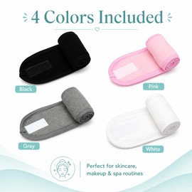 4 Pack Face Wash Headbands for Women, Non-Slip Skin Care Adjustable Velcro Hairband, Stretchable Facial Headband Towel Hair Wrap, Ideal for Washing Face, Makeup, Shower & Spa