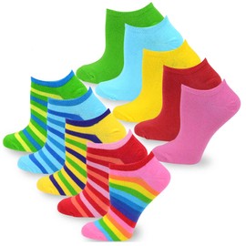 10 Pairs Neon Solid Plain Rainbow Stried Colorful Lowcut Ankle Socks for Women Gift for Her Cotton (Rainbow Stripes, Solid)