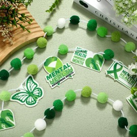 SmoothNovelty 3 Pieces Mental Health Awareness Month Hanging Pompom Ball Green Butterfly Ribbon You Are Not Alone Mental Health Month Party Banner Set for Home Decor