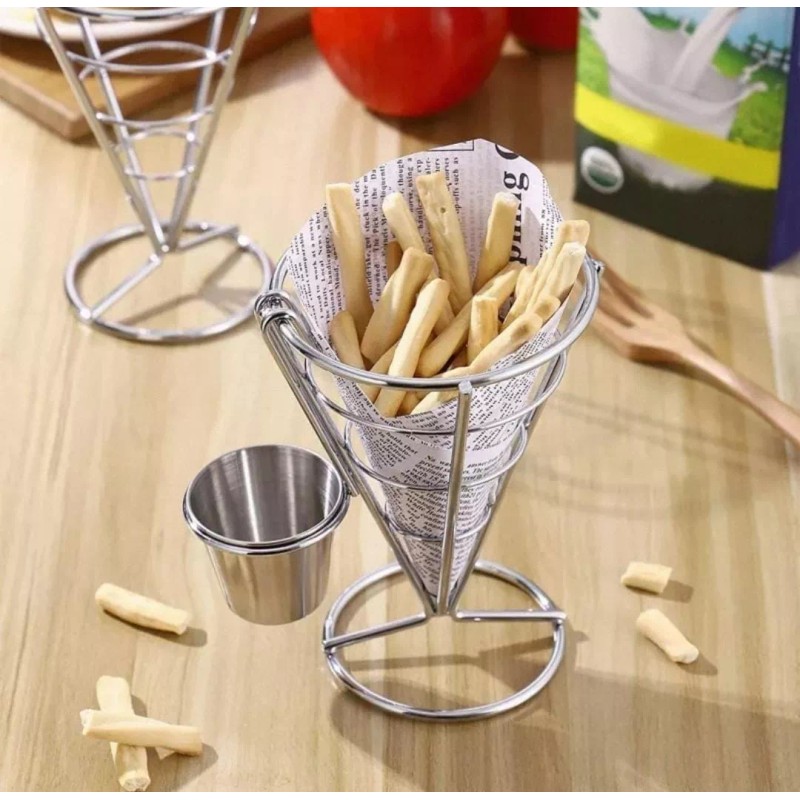 CL Cono Botanero Acero Inoxidable Con 2 Contenedores Salsa Reja