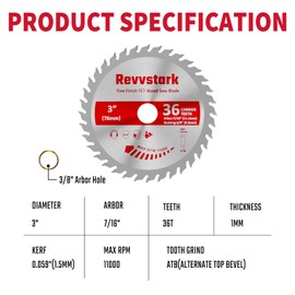 Revvstark 3 Pack 3 Inch 36 Tooth Carbide Circular Saw Blade for Wood, Plastic, PCV, Acrylic, Aluminum with 7/16" Arbor, 3/8" Bushing, Fit Dewalt Craftsman Ryobi Milwaukee