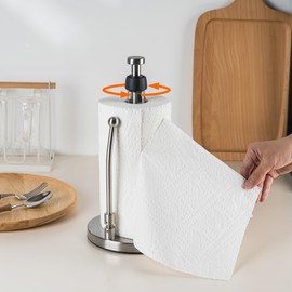 Leadfun Paper Towel Holder Countertop, Stainless Steel, One-Handed Tear, Weighted Base with Suction Cups, Standing Paper Towel Roll Holder for Kitchen Bathroom (Silver)