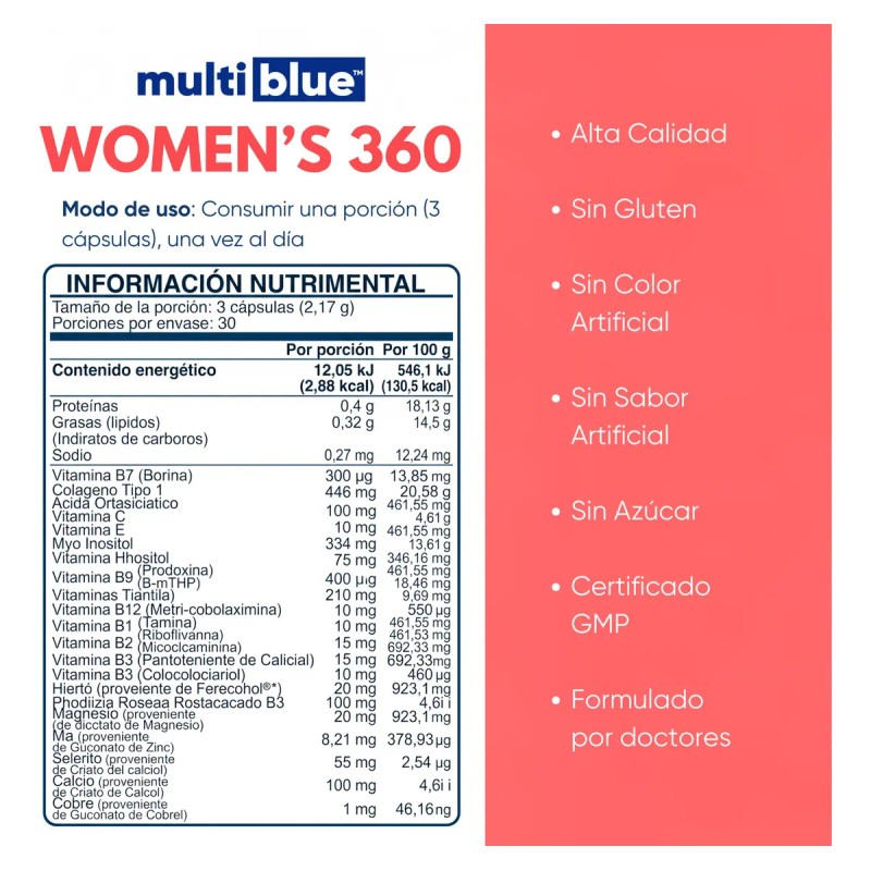 Multiblue Womens 360 Colágeno Biotina Vitaminas Mujer 90cap Sabor