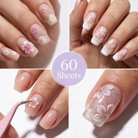 60 Sheets Nail Stickers for Nail Art with Tweezers, Self-Adhesive Designs, 3D Embossed Floral Nail Art Stickers for Acrylic Nails Accessories (Multi-Color)