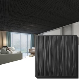 Art3dwallpanels Ceiling Tiles 24 x 24 for Interior Wall Décor, 12 Pack Drop Ceiling Tile 3D Wall Panel Fire Rated Waterproof Premium PVC, No Sag and Breakage Wall Panels Cover 48.Sq.Ft. Black