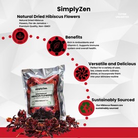 SimplyZen Natural Nigerian Dried Hibiscus Flowers, Flor de Jamaica – Premium Quality, Non-GMO, 100% Natural | Whole Flowers and Petals, Perfect for Tea, Cooking, and Skincare (32oz)