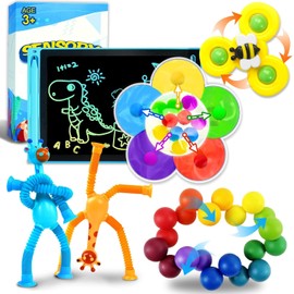 12PC Sensory Travel Toys Pack for Toddler 3 4 5 Year Old Quiet Airplane Travel Activities Essential with Icd Writing Tablet Suction Cup Color Sorting Toy for Kid ADHD Autistic Fidget Gift