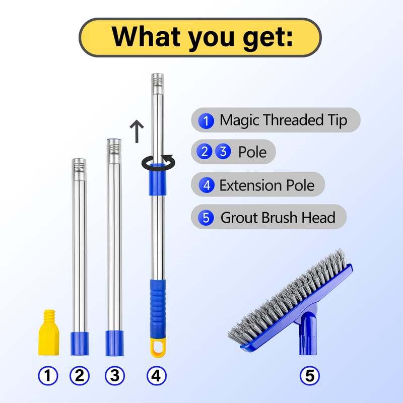 ITTAR Grout Brush with Long Adjustable Handle, Swivel Scrub Brush,