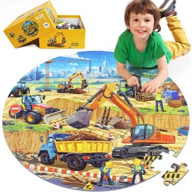 DIGOBAY Floor Puzzles for Kids Ages 3 4 5 6 7 8, 70 Piece Construction Site Jigsaw Puzzle with Excavator Bulldozer Forklift Dumper Truck, Building Site Educational Toy Gift for Boys Birthday Christmas