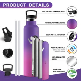 Vikastar Stainless Steel Drinking Bottle, Thermos Flask, 1 Litre, BPA-Free Drinking Bottle, Thermos Bottle with Straw, Drinking Bottle for School, Sports, Bike, Camping, Deep Purple & Pink