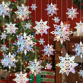 24PCS Snowflake Christmas Decorations, 3D Large Iridescent Paper Snowflakes Garland Hanging Snow Flakes for Winter Wonderland Christmas Party Decorations Holiday New Year Home Decor, Holographic