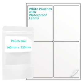Evergreen Goods 50 White Window Stand-Up Food Pouches (140x220mm) with Zip Lock & Heat Seal Waterproof Matte White Vinyl Labels | Packaging & Labelling Kit for Small Businesses