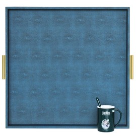 HofferRuffer Extra Large Square Serving Tray, Elegant Faux Leather Ottoman Tray with Gold Hardware Handles, Serve Tea, Coffee or Breakfast in Bed, 24 x 24 inches (Navy Blue Shagreen)