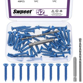 Swpeet 52Pcs 3/16" x 1-1/4" Flat Head Concrete Screw Anchors with Screwdriver Bit and Drill Bit Assortment Kit, Concrete Screws Self Tapping Cement Screws for Anchoring to Masonry Block Brick Stucco