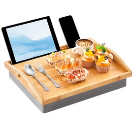 Pickmesh 1 Pcs Bamboo Lap Tray with Detachable Pillow Wood Bed Food Trays with Cushion 16.9 x 13 Inch for Adults Elderly Eating Food Breakfast Dinner (Wood Color)