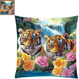 Fanxvivy Stamped Cross Stitch Kits for Adults Beginners Pillow Needlepoint Kit with Embroidery Pattern Needlework Kit Prestamped Stitches Kit 11CT Cross Stitching-Flower Tiger 18x18 inch