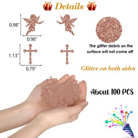 Kimini-Ki Cross Confetti for Table, 100 Pcs Glitter God Bless Table Confetti, Angel Confetti, Baptism Baby Shower Party Decorations, 1st Holy Communion, Baby's Christenings Party Confetti (Rose Gold)