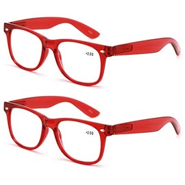 V.W.E. 2 Pairs Transparent Neon Color Deluxe Reading Glasses - Comfortable Stylish Simple Readers Magnification (Red, 3.00)