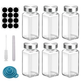 6Pcs 4oz Glass Spice Jars with Shaker Lids, Spice Jars Trial Set & Supplement Set, Empty Spice Containers and Square Spice Bottles for Kitchen (304 Stainless steel Lids)