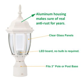 LIT-PaTH LED Outdoor Post Lighting Fixture, Pole Lantern, 9.5W 800 Lumens, 5000K Daylight White, Aluminum Housing Plus Glass, Matte White Finish, 2-Pack