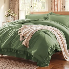 Anluoer Queen Comforter Set 7 Piece, Olive Green Bed in a Bag with Sheets, All Season Ruffle Shabby Chic Bedding Sets with 1 Comforter, 2 Pillow Shams, 2 Pillowcases, 1 Flat Sheet, 1 Fitted Sheet