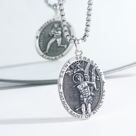 XIXLES Saint Sebastian Medal Necklace 925 Sterling Silver Patron Saint of Football Player Pendant Necklaces,St Sebastian Athlete Amulet Jewelry for Men Father with 22 in Chain