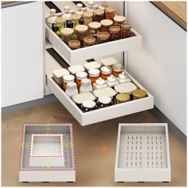 2Pc Pull out Cabinet Organizer,Width (11"-16"),Depth(17"-24") Expandable with 3 Rails,No Drill Roll out Drawers,Adhesive Sliding Drawers,Slide out Shelves for Cabinets Without Lip,Kitchen,Pantry,White