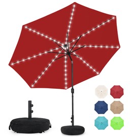 Sundale Outdoor Solar 80 LED 9 ft Patio Umbrella with Sand Bag Umbrella Base, Outdoor Umbrella with Tilt and Crank, Red