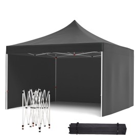 10x10 FT Heavy Duty Commercial Pop Up Canopy Tent with 3 Removable Sidewalls,Portable Shelter Includes Roller Bag, Stakes & Ropes for Outdoor Events, Backyard Parties, Camping & Patio Use,Black